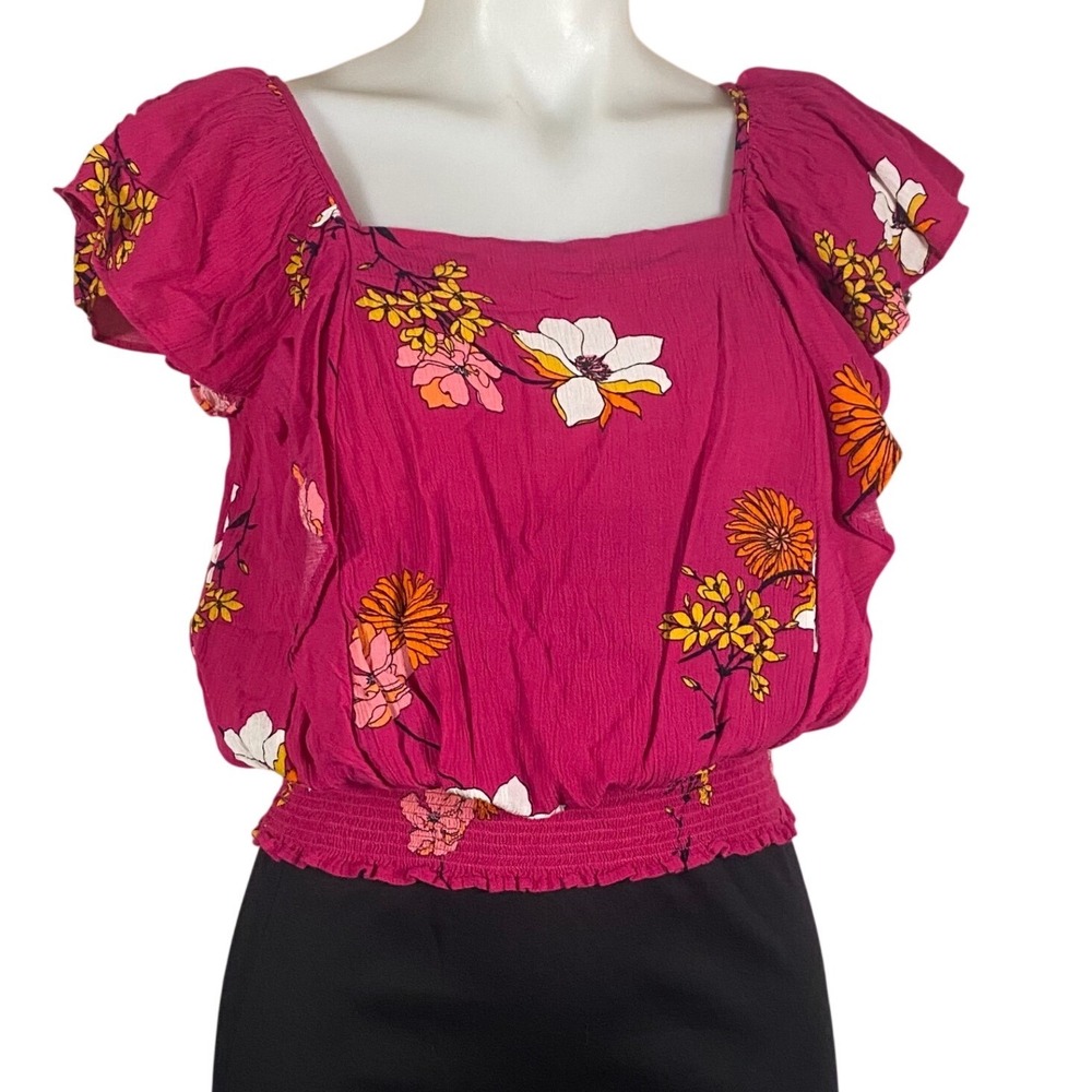 a.n.a Magenta Floral Ruffle Smocked Waist‎ Blouse Square Neck Rayon Top Small